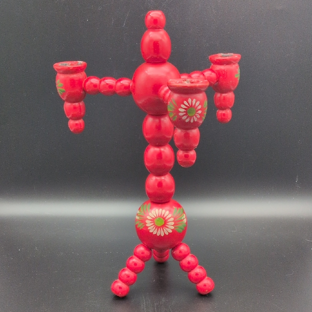 Vintage Swedish Red Wooden Handpainted Candelabra